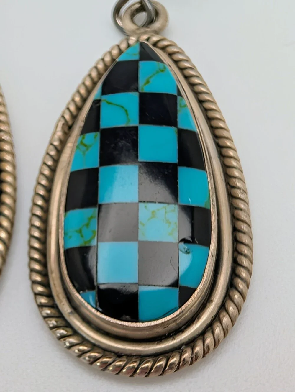 Turquoise & Black Onyx S925 Sterling Silver Matte Checkered Dangle Earrings